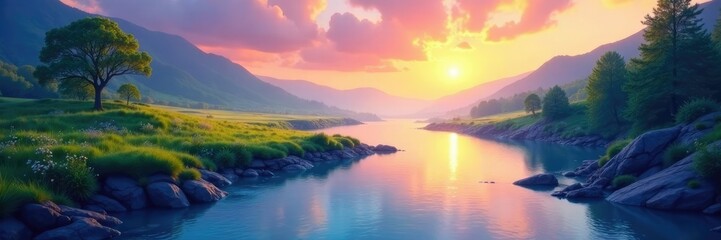 Fototapeta premium Ethereal landscape with a rainbow flowing river background, scenery, peaceful