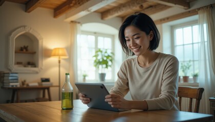 A young woman sits at a wooden table, joyfully interacting with her tablet while relaxing in a well-lit room filled with plants and a gentle ambiance