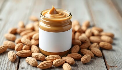 Close-up of peanut butter jar mockup with blank label and pile of almonds on wooden table. Healthy snack concept, almond butter ingredient. Organic vegetarian diet food.