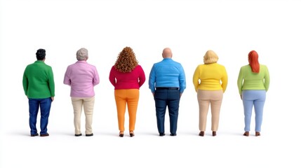 Fototapeta premium Rear view of six adult figures in varied casual attire against a bright white backdrop. A diverse group showcasing different body types and