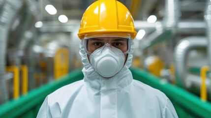 Scientist in Protective Gear Inspecting Chemical Production Line in Sterile Environment Captured in Close-Up Shot