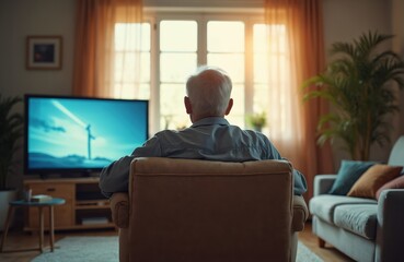Back view of elderly man sitting in chair at home watching tv. Senior male relaxing on sofa in cozy living room enjoys program, retirement leisure. Restful quiet indoor time.