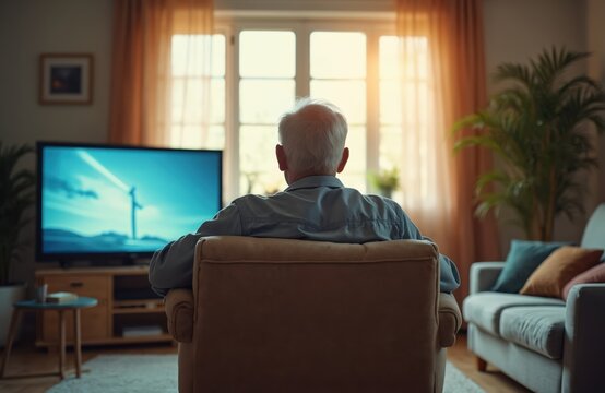 Back view of elderly man sitting in chair at home watching tv. Senior male relaxing on sofa in cozy living room enjoys program, retirement leisure. Restful quiet indoor time. - Powered by Adobe