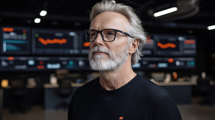 mature man with gray hair and glasses stands confidently modern office environment, surrounded by digital screens displaying data and analytics, conveying sense of expertise and professionalism