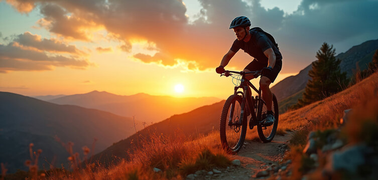 Man cycling through mountains at sunset. Biker rides bike on trail through hills. Outdoor adventure sport, active lifestyle theme. Scenic mountain biking, fitness and exploration.