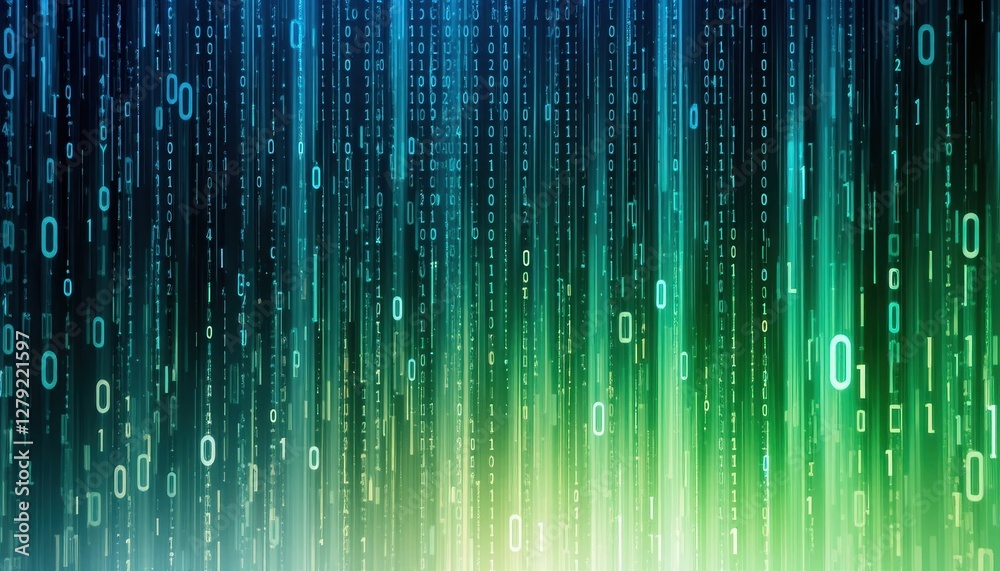 Poster digital matrix background with blue and green binary code lines