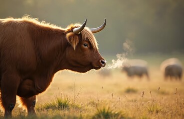 Majestic highland cow stands in golden morning light on field. Ginger fur, horns, fresh breath steam with blurred cattle. Scottish rural farm animal at pasture with green grass.