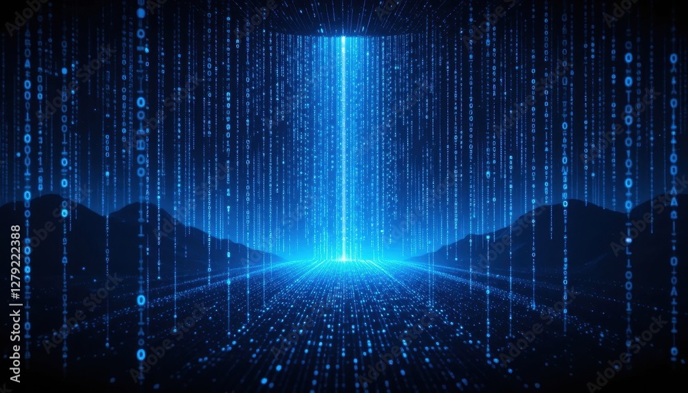 Poster digital matrix with blue light and binary code falling downward