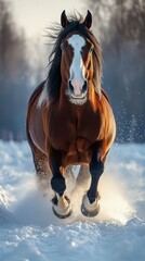 Obraz premium Beautiful brown horse gallops through snowy landscape during early morning light