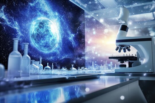 Laboratory scene with microscope and cosmic display enhancing science experiments