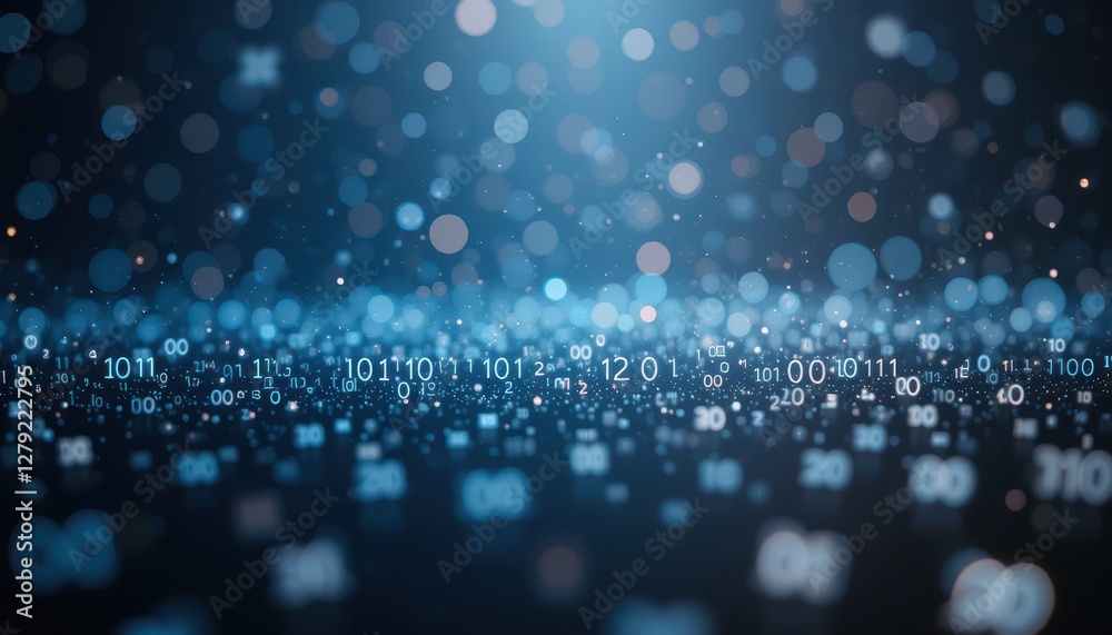 Poster glowing digital binary code with blue bokeh background effect