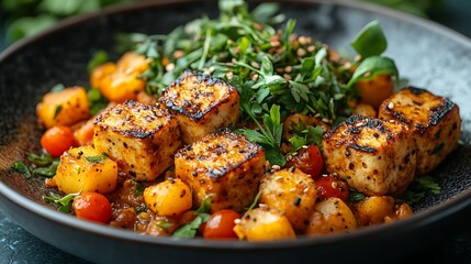 Rustic and homey dinner scene with a warm plate of nutritious plant based food