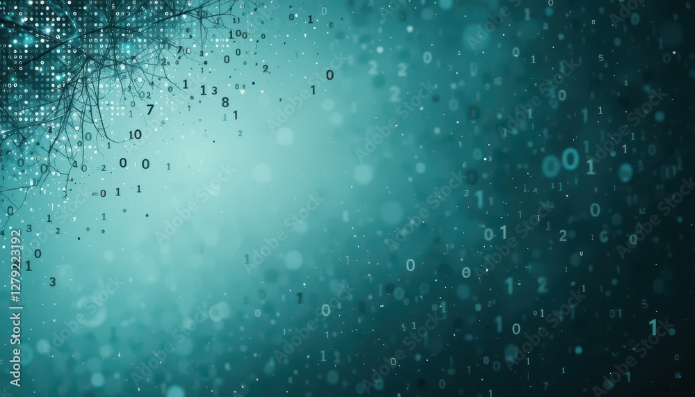 Poster abstract digital background with binary code and glowing particles