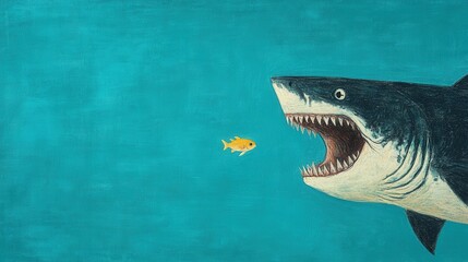 Naklejka premium Massive Ocean Predator Attacking Tiny Fish in Chalk Style Sketch Symbolizing Industry Disruption and the Cycle of Life in Marine Environments