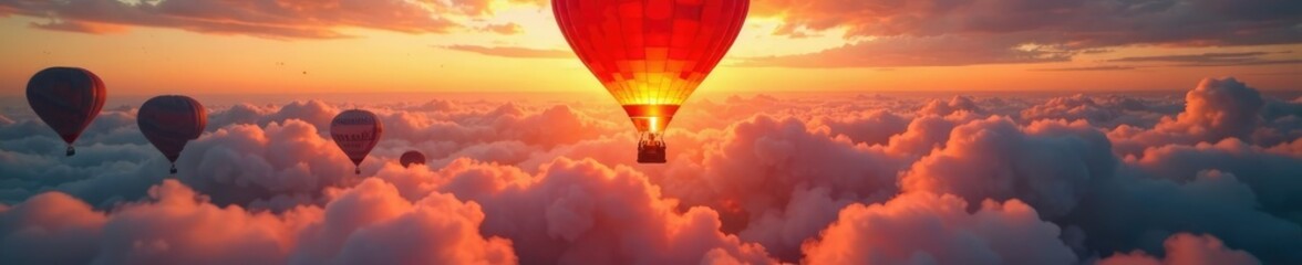 Fototapeta premium Hot air balloon filled with red and yellow gas, expanding, high