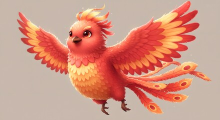 Obraz premium Flying Phoenix Bird with Red and Yellow Feathers Cartoon Illustration