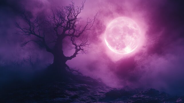 Eerie silhouette of a haunted tree under a mysterious moonlight glow