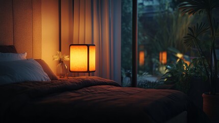 Cozy Bedroom With Ambient Lighting and Indoor Plants During the Evening, Creating a Serene Atmosphere for Relaxation and Comfort