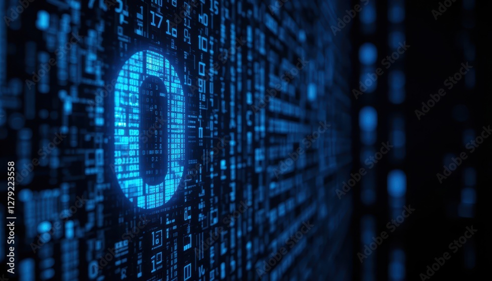 Poster digital blue zero on matrix background of binary code lines