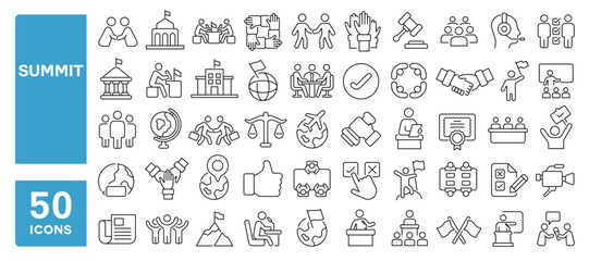 Set of 50 line icons related to summit, conference, international relations, diplomacy, meeting, embassy, governance, mediation, protocol, speech, consulate, Editable stroke. Vector illustration