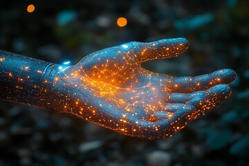 Glowing robotic hand offering, futuristic technology concept.