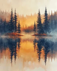 Sunset reflection on tranquil lake surrounded by pine trees nature photography serene environment landscape view