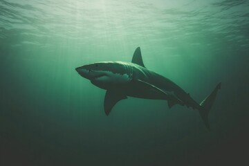 Fototapeta premium Majestic shark gliding through tranquil waters, showcasing sleek
