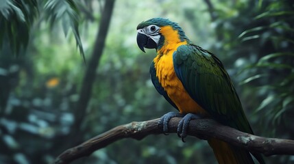 Obraz premium Blue-and-yellow macaw perched on a branch in a lush green forest.