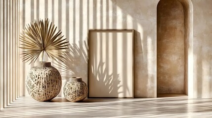 Interior Decor Featuring Frame and Vases in Beige Tones with Shadows and Warm Sunlight