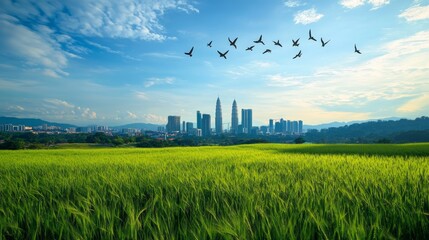 Obraz premium Vibrant Green Field With City Skyline and Birds Flying Against a Bright Blue Sky During the Day in Kuala Lumpur