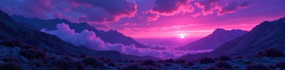 Purple magenta clouds shroud a landscape in twilight darkness, rugged, twilight, purple