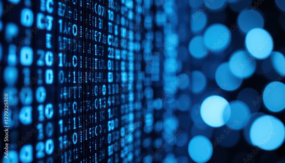 Poster abstract digital background with blue binary code and bokeh lights