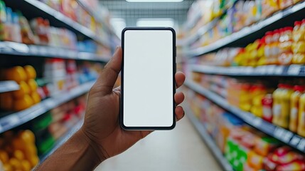 Customer checking an online grocery app on a smartphone with a blank screen in a supermarket.