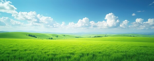 Scenic panorama of green grass field with vibrant blue sky, fluffy clouds. Rich plain pasture in sunshine weather on horizon. Background for eco, agriculture themes. Perfect lawn for wallpaper. Rural