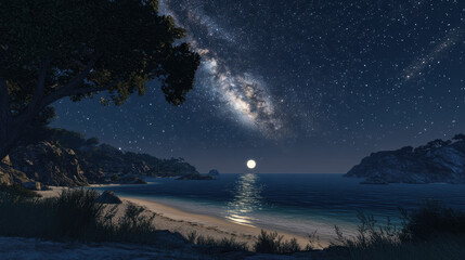 serene moonlit bay with shimmering waters, surrounded by stars and rocky shores