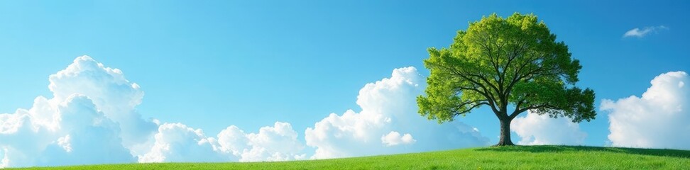 Obraz premium Serene ash tree against a clear blue sky with fluffy white clouds, serene, mountain ash
