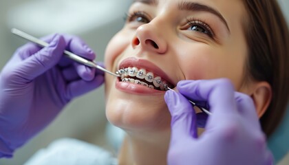 Young woman smiles receiving orthodontic treatment, braces in dental clinic. Orthodontist hands in gloves adjusts wire on teeth during routine appointment, oral hygiene procedure. Happy patient