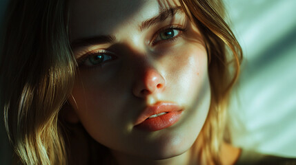 Soft light illuminates a young woman's face showcasing natural beauty and emotion