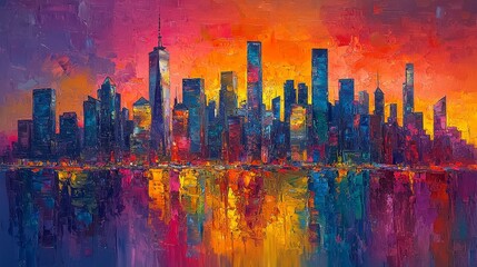 Vibrant sunset skyline reflection new york city digital artwork urban environment aerial view cityscape concept
