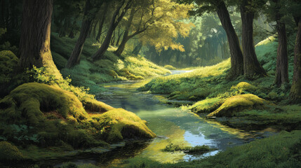 Fototapeta premium tranquil mossy bank along gentle stream in quiet forest, evoking peace and serenity