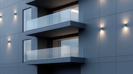 Modern apartment building balconies at night