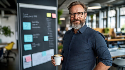 confident man with glasses holds coffee cup in modern office setting, surrounded by sticky notes and blackboard. atmosphere is collaborative and creative
