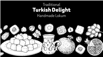 Turkish delight frame. Hand drawn vector illustration. Turkish delight sketch. Traditional rahat lokum. Turkish food. Oriental sweets.