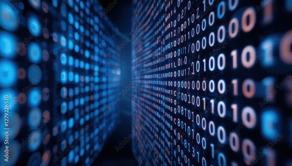 Poster abstract data stream with binary code in blue and orange tones