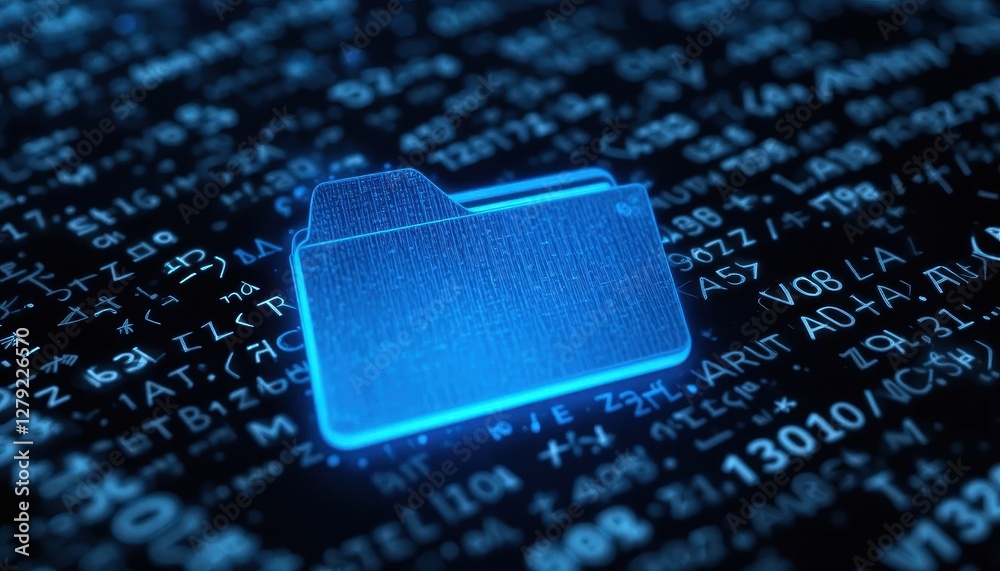 Poster glowing digital folder icon on dark background with binary code
