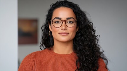 Portrait of a woman with long, curly dark hair wearing glasses and a rust colored sweater against a neutral background. Her expression is calm and
