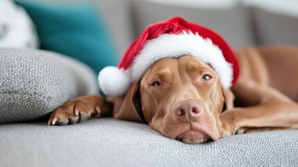Vizsla dog in Santa hat relaxing on a cozy couch for the holidays