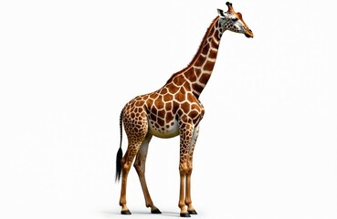 Obraz premium Full body shot of giraffe standing tall isolated on white background. Its long legs, neck are highlighted. African mammal with brown spots, wild animal, zoology concepts.