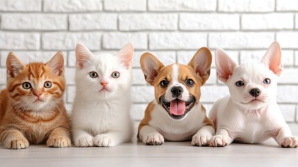 Four adorable pets; ginger kitten, white kitten, tan and white puppy, and a white puppy, sit in a row against a white brick wall. Bright lighting