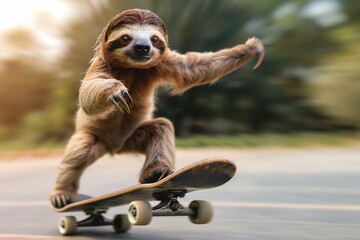 Obraz premium A cute sloth confidently skateboards, showcasing its unique charm and playful spirit in a vibrant, blurred background. Slow to Fast Concept, Breaking the Laws of Nature